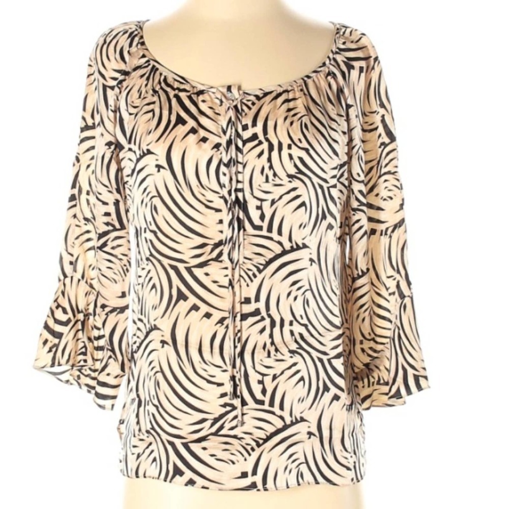 Nine West 100% Silk 3/4 Sleeve Black Cream Print Blouse